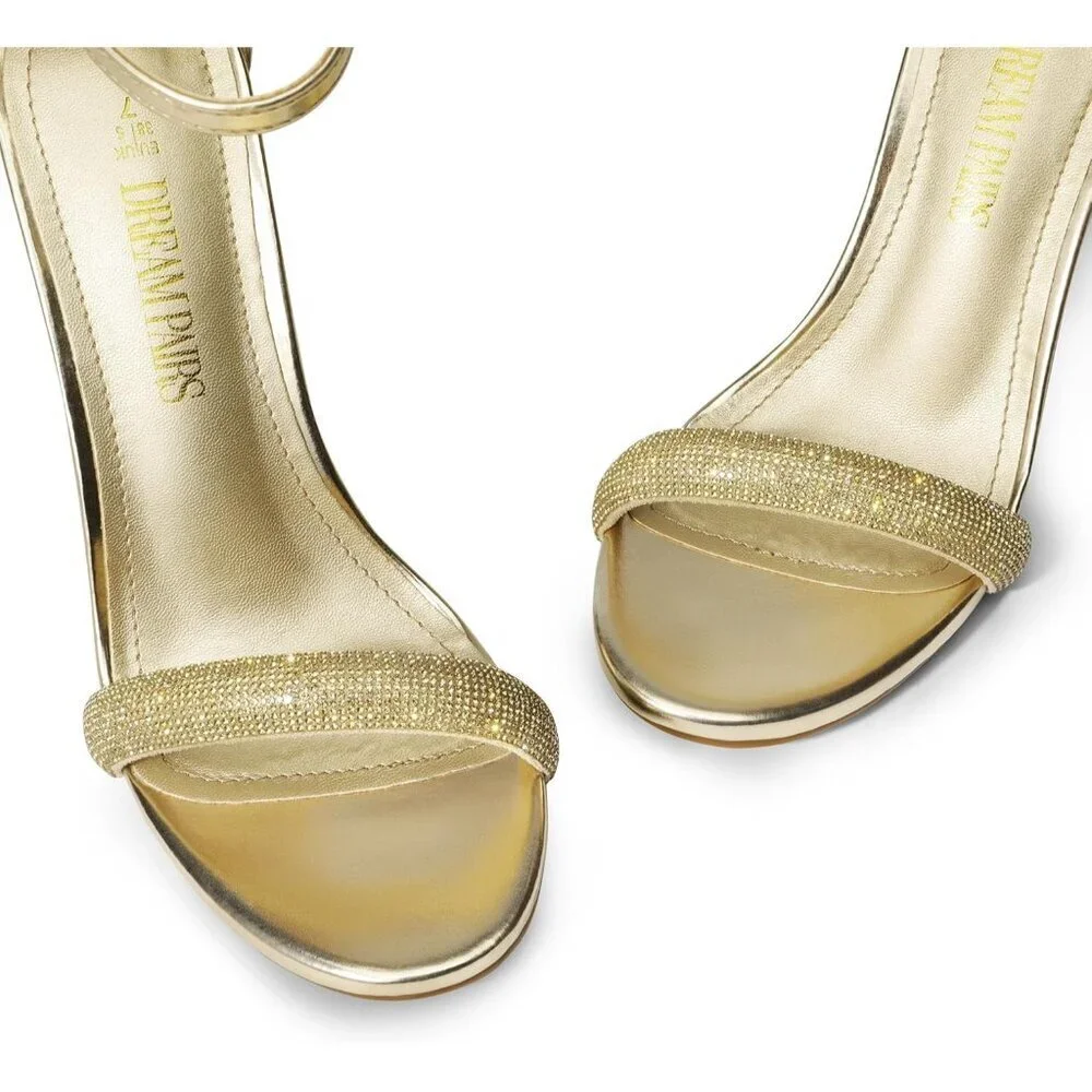 Women's Gold-Rhinestone Flower Ankle Strap Stiletto Round Open Toe Stylish Heel